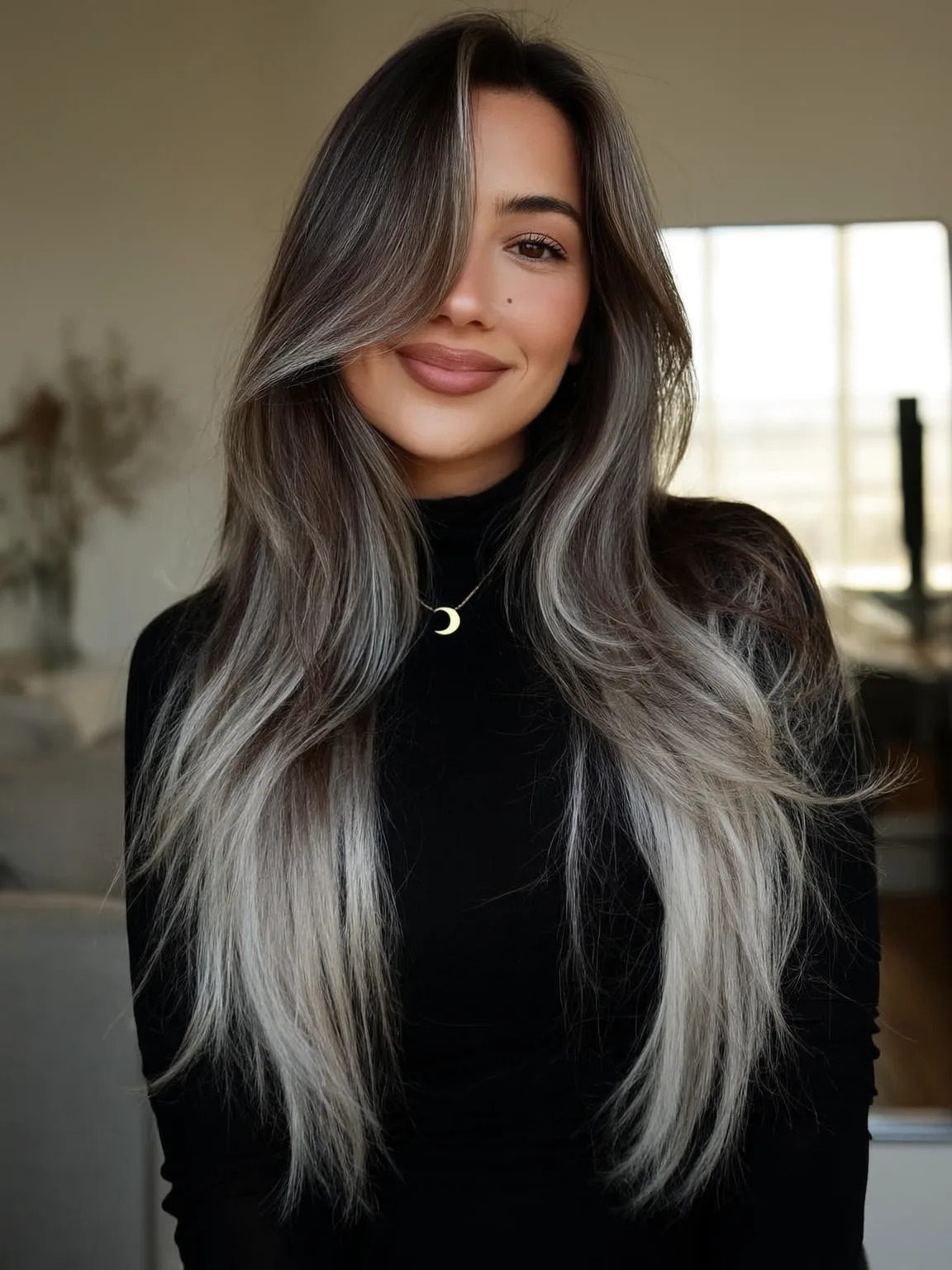 Wavy Long Layers with Ash Bronde and Silver Ombre